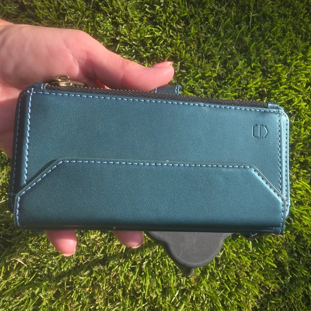 Metallic Teal Wallet Phone Case Crossbody Wristlet with Card Slots and Zipper